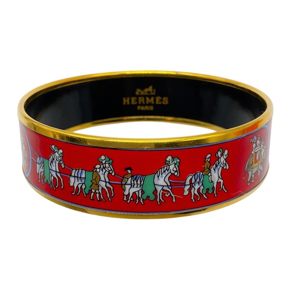 HERMES RED MULTI HORSE AND ELEPHANT PRINT ENAMEL WIDE BANGLE BRACELET - Picture 1 of 7